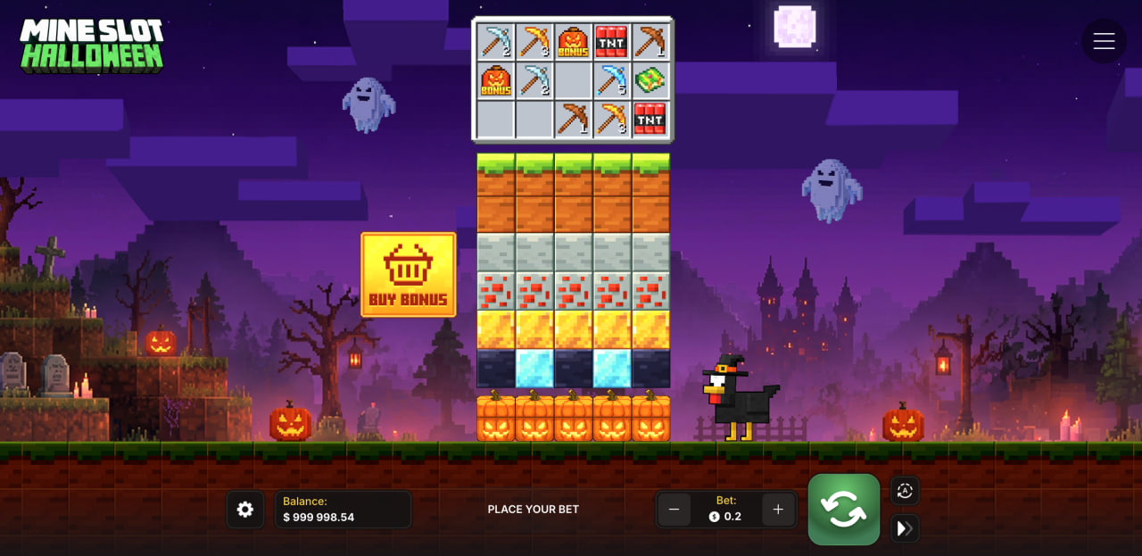 Mine Slot Halloween demo gratis recensione bonus app casino: colonne di blocchi, attrezzi e pulsante Buy Bonus