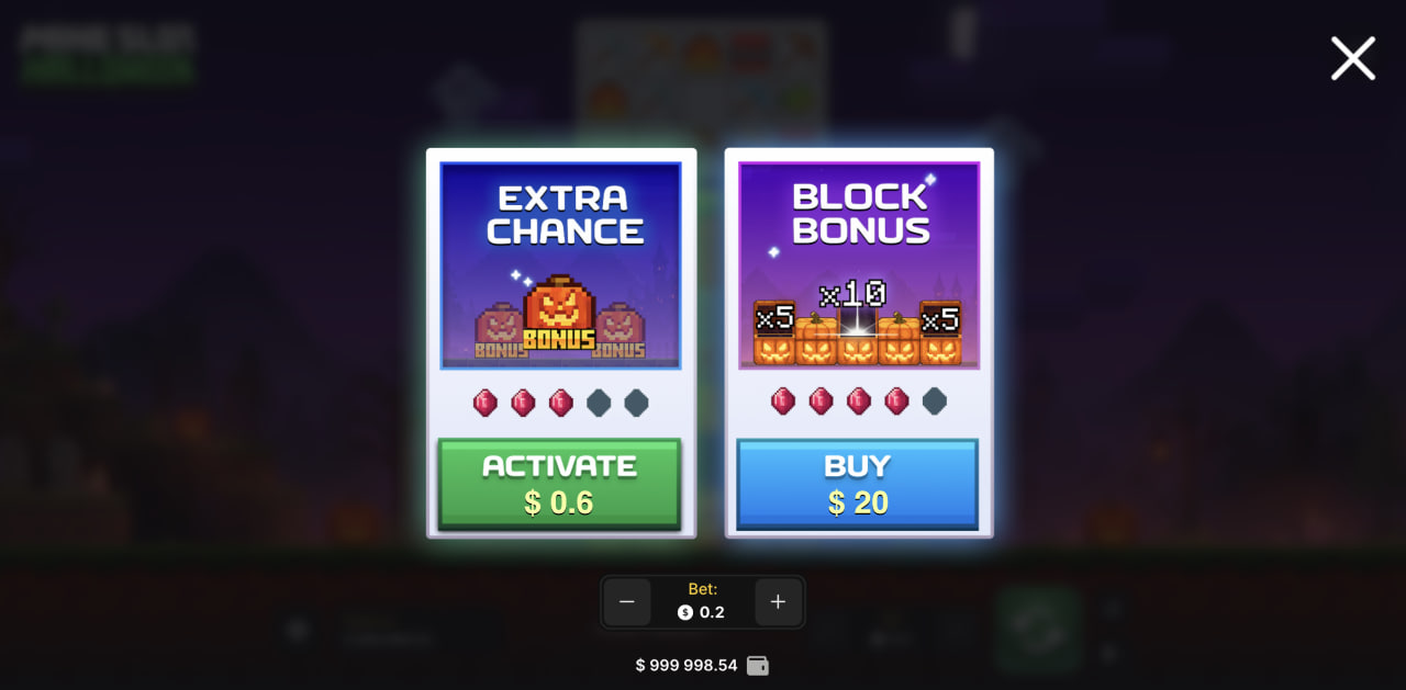 Mine Slot Halloween recensione casino demo bonus app italiano: finestra Extra Chance e Block Bonus da computer