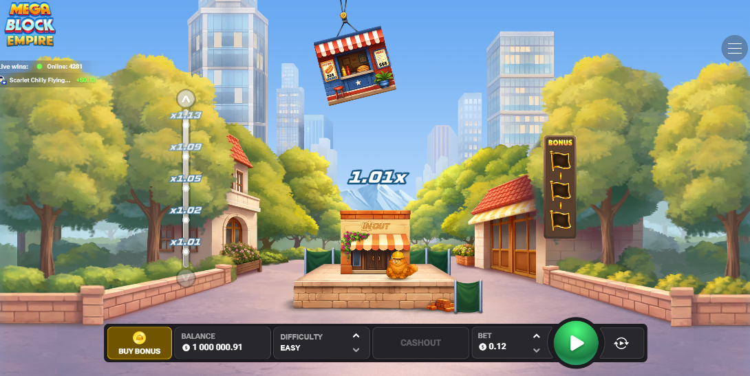 MegaBlock Empire demo gratis recensione bonus app casino: gru e moltiplicatore sullo schermo di gioco