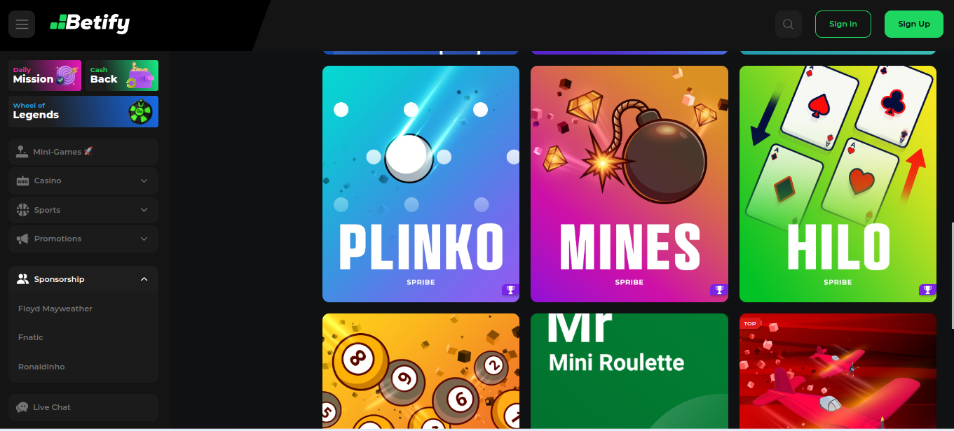 Mini-giochi Betify Plinko Mines Hilo nel casinò online con bonus e registrazione