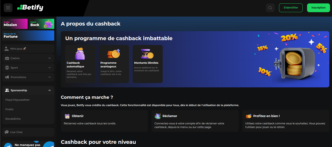 Programma cashback settimanale Betify bonus gratis nel casinò online