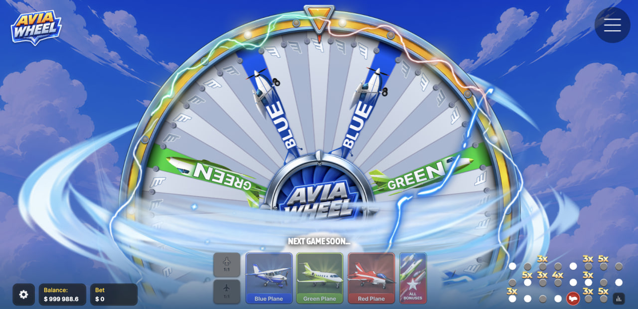Avia Wheel recensione demo gratis gioco casinò: ruota con le carte Blue Plane, Green Plane e Red Plane