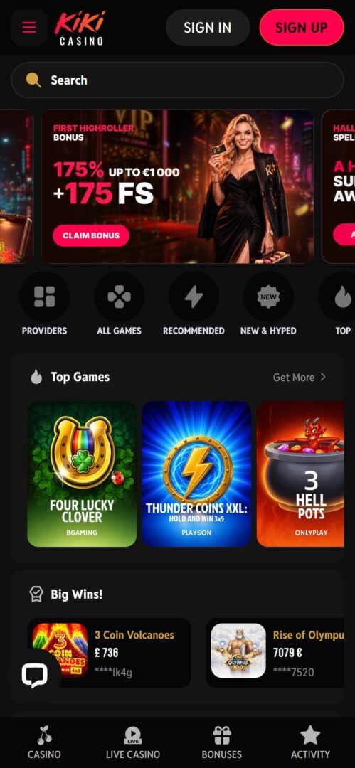 Kiki Casino app mobile truffa codice promo opinioni: home page da telefono con giochi e vincite