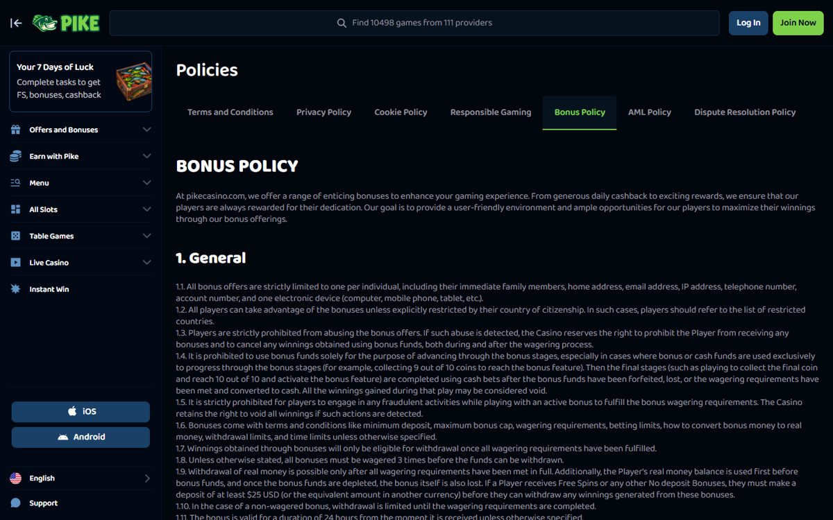 Pike Casino codice promo truffa gioco d'azzardo: pagina della politica dei bonus del casinò
