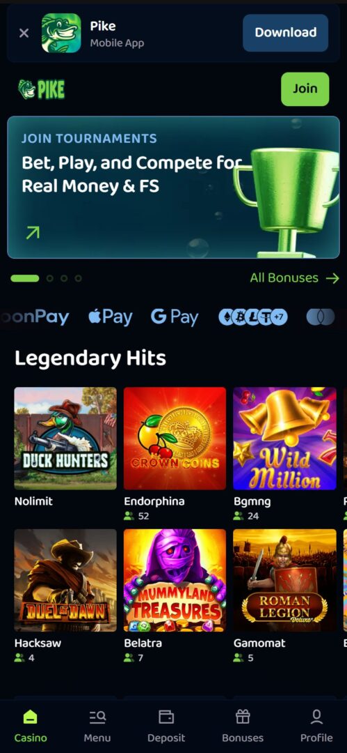 Pike Casino app demo soldi veri gioco opinioni: home page mobile con offerte e giochi popolari