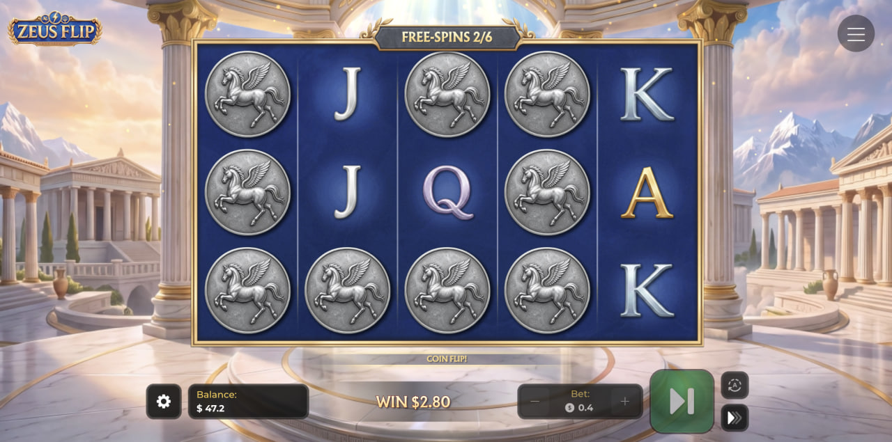 Zeus Flip demo gratis recensione bonus app casino: rulli durante i free spins con monete Pegaso