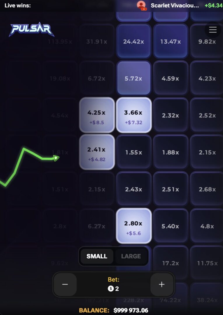 Pulsar opinioni app mobile soldi veri: tre caselle giocate con coefficienti e guadagno potenziale